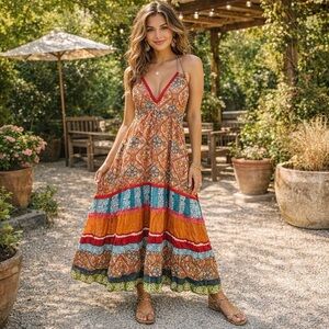 Funky People Multicolor Boho Maxi Dress SZ XL 
Patchwork Festival EUC